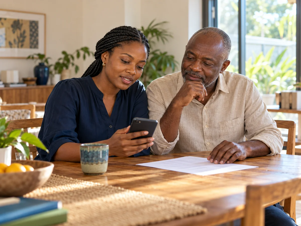 Two adults review a phone and paper together at a sunlit table.