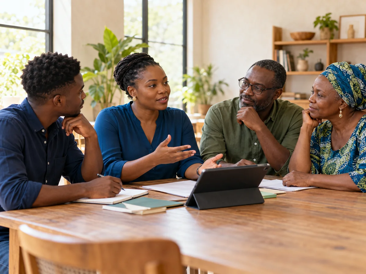 Four adults discuss information around a table in a community learning room.
